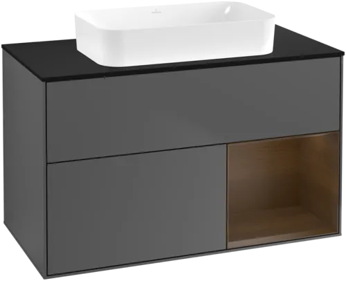 VILLEROY BOCH Toaletní skříňka Finion, s osvětlením, 2 výsuvy, 1000 x 603 x 501 mm, antracitový matný lak / ořechová dýha / černé matné sklo #F662GNGK