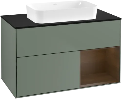 VILLEROY BOCH Toaletní skříňka Finion, s osvětlením, 2 výsuvy, 1000 x 603 x 501 mm, olivový matný lak / ořechová dýha / černé matné sklo #F662GNGM