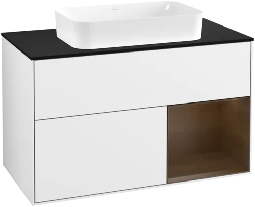 VILLEROY BOCH Toaletní skříňka Finion, s osvětlením, 2 výsuvy, 1000 x 603 x 501 mm, lesklý bílý lak / ořechová dýha / černé matné sklo #F662GNGF