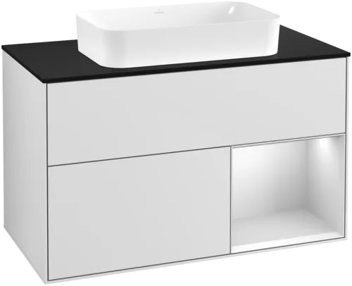 VILLEROY BOCH Toaletní skříňka Finion, s osvětlením, 2 výsuvy, 1000 x 603 x 501 mm, bílý matný lak / bílý matný lak / černé matné sklo #F662MTMT