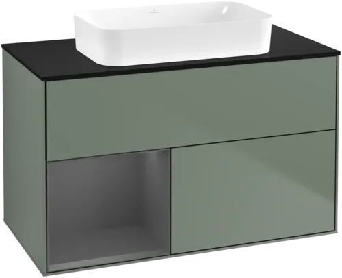 VILLEROY BOCH Toaletní skříňka Finion, s osvětlením, 2 výsuvy, 1000 x 603 x 501 mm, olivový matný lak / antracitový matný lak / černé matné sklo #F652GKGM