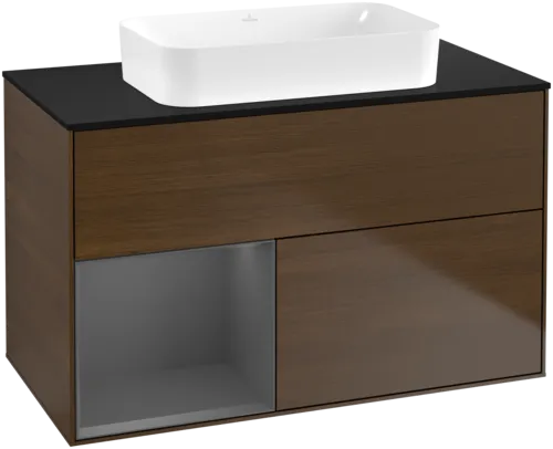 VILLEROY BOCH Toaletní stolek Finion, s osvětlením, 2 výsuvy, 1000 x 603 x 501 mm, ořechová dýha / antracitový matný lak / černé matné sklo #F652GKGN