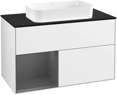 VILLEROY BOCH Toaletní skříňka Finion, s osvětlením, 2 výsuvy, 1000 x 603 x 501 mm, lesklý bílý lak / antracitový matný lak / černé matné sklo #F652GKGF
