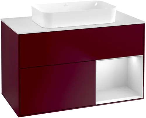 VILLEROY BOCH Toaletní skříňka Finion, s osvětlením, 2 výsuvy, 1000 x 603 x 501 mm, Peony Matt Lacquer / White Matt Lacquer / Glass White Matt #F661MTHB