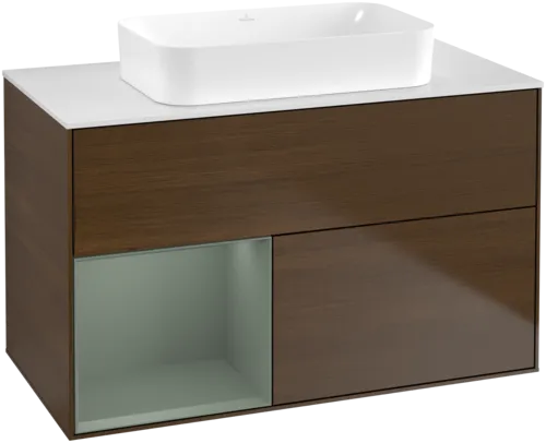 VILLEROY BOCH Toaletní stolek Finion, s osvětlením, 2 výsuvy, 1000 x 603 x 501 mm, ořechová dýha / olivový matný lak / sklo bílé matné #F651GMGN