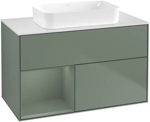 VILLEROY BOCH Toaletní skříňka Finion, s osvětlením, 2 výsuvy, 1000 x 603 x 501 mm, olivově matný lak / olivově matný lak / sklo bílé matné #F651GMGM