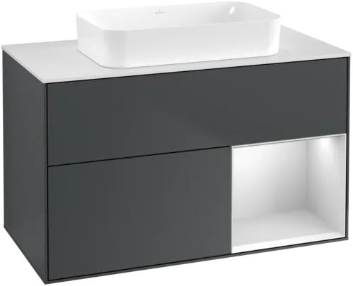 VILLEROY BOCH Toaletní skříňka Finion, s osvětlením, 2 výsuvy, 1000 x 603 x 501 mm, Midnight Blue Matt Lacquer / White Matt Lacquer / Glass White Matt #F661MTHG