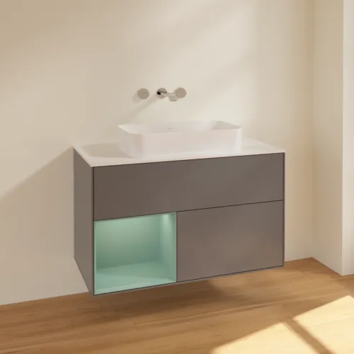 VILLEROY BOCH Toaletní skříňka Finion, s osvětlením, 2 výsuvy, 1000 x 603 x 501 mm, antracitový matný lak / olivový matný lak / bílé matné sklo #F651GMGK, obrázek 2