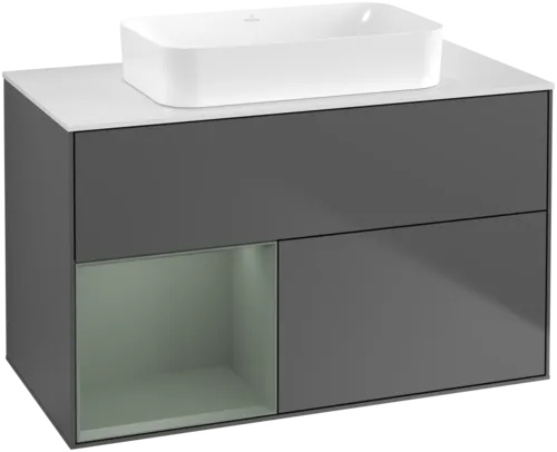 VILLEROY BOCH Toaletní skříňka Finion, s osvětlením, 2 výsuvy, 1000 x 603 x 501 mm, antracitový matný lak / olivový matný lak / bílé matné sklo #F651GMGK