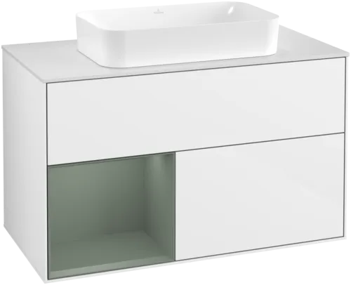 VILLEROY BOCH Toaletní skříňka Finion, s osvětlením, 2 výsuvy, 1000 x 603 x 501 mm, lesklý bílý lak / olivově matný lak / sklo bílé matné #F651GMGF