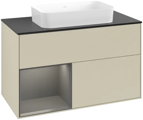 VILLEROY BOCH Toaletní skříňka Finion, s osvětlením, 2 výsuvy, 1000 x 603 x 501 mm, hedvábně šedý matný lak / antracitový matný lak / černé matné sklo #F652GKHJ