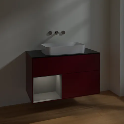 VILLEROY BOCH Toaletní skříňka Finion, s osvětlením, 2 výsuvy, 1000 x 603 x 501 mm, Pivoňka matný lak / Antracit matný lak / Sklo černé matné #F652GKHB, obrázek 5