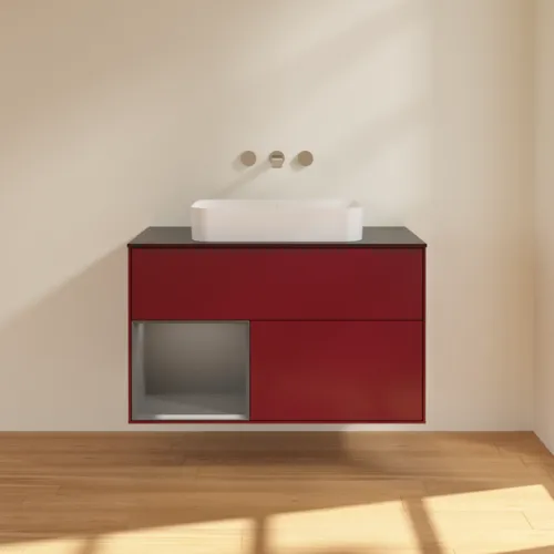 VILLEROY BOCH Toaletní skříňka Finion, s osvětlením, 2 výsuvy, 1000 x 603 x 501 mm, Pivoňka matný lak / Antracit matný lak / Sklo černé matné #F652GKHB, obrázek 3