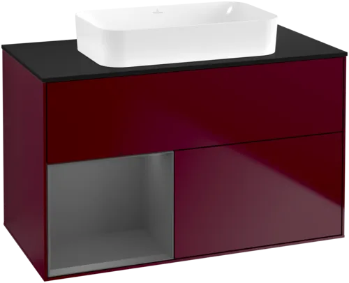 VILLEROY BOCH Toaletní skříňka Finion, s osvětlením, 2 výsuvy, 1000 x 603 x 501 mm, Pivoňka matný lak / Antracit matný lak / Sklo černé matné #F652GKHB