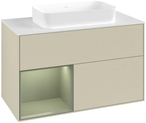 VILLEROY BOCH Toaletní skříňka Finion, s osvětlením, 2 výsuvy, 1000 x 603 x 501 mm, hedvábně šedý matný lak / olivový matný lak / bílé matné sklo #F651GMHJ