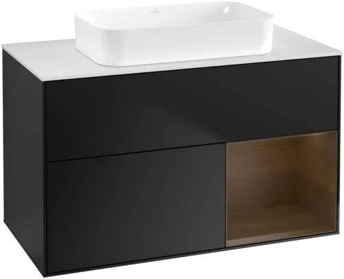 VILLEROY BOCH Toaletní skříňka Finion, s osvětlením, 2 výsuvy, 1000 x 603 x 501 mm, černý matný lak / ořechová dýha / sklo bílé matné #F661GNPD