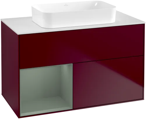 VILLEROY BOCH Toaletní skříňka Finion, s osvětlením, 2 výsuvy, 1000 x 603 x 501 mm, Pivoňka matný lak / Olivový matný lak / Sklo bílé matné #F651GMHB