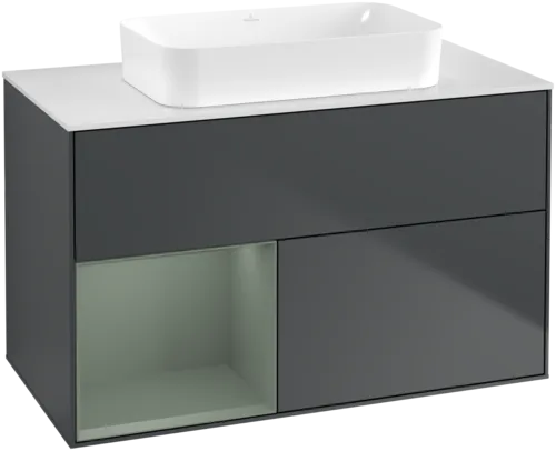 VILLEROY BOCH Toaletní skříňka Finion, s osvětlením, 2 výsuvy, 1000 x 603 x 501 mm, Midnight Blue Matt Lacquer / Olive Matt Lacquer / Glass White Matt #F651GMHG