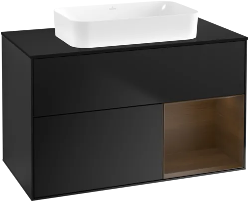 VILLEROY BOCH Toaletní skříňka Finion, s osvětlením, 2 výsuvy, 1000 x 603 x 501 mm, černý matný lak / ořechová dýha / černé matné sklo #F662GNPD