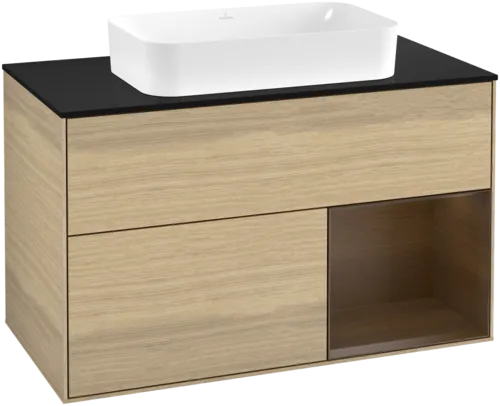 VILLEROY BOCH Toaletní stolek Finion, s osvětlením, 2 výsuvy, 1000 x 603 x 501 mm, dubová dýha / ořechová dýha / sklo černé matné #F662GNPC