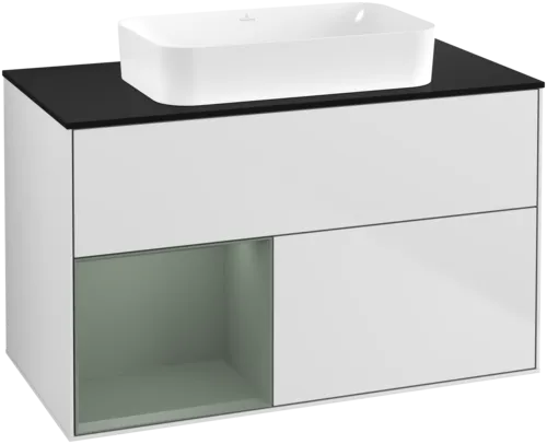 VILLEROY BOCH Toaletní skříňka Finion, s osvětlením, 2 výsuvy, 1000 x 603 x 501 mm, bílý matný lak / olivový matný lak / černé matné sklo #F652GMMT