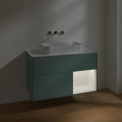 VILLEROY BOCH Toaletní skříňka Finion, s osvětlením, 2 výsuvy, 1000 x 603 x 501 mm, olivový matný lak / bílý matný lak / bílé matné sklo #F661MTGM, obrázek 5