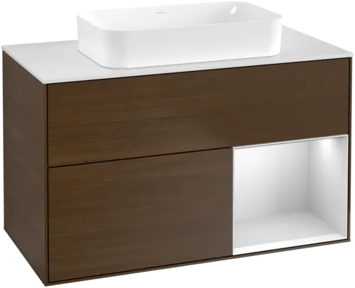 VILLEROY BOCH Umyvadlová skříňka Finion, s osvětlením, 2 výsuvy, 1000 x 603 x 501 mm, ořechová dýha / bílý matný lak / bílé matné sklo #F661MTGN