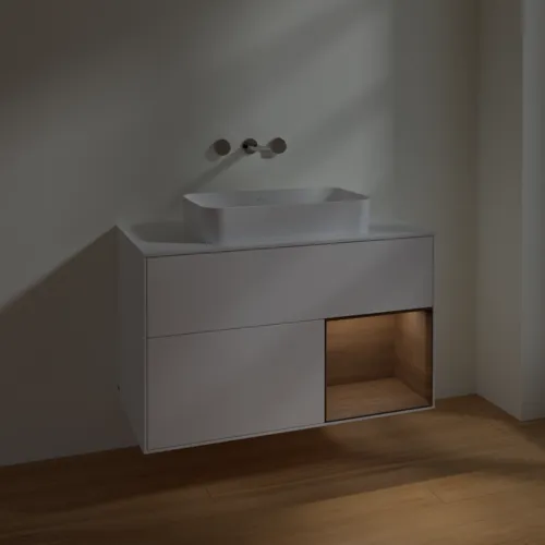 VILLEROY BOCH Toaletní skříňka Finion, s osvětlením, 2 výsuvy, 1000 x 603 x 501 mm, bílý matný lak / ořechová dýha / sklo bílé matné #F661GNMT, obrázek 5