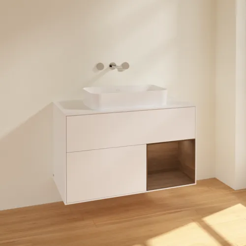 VILLEROY BOCH Toaletní skříňka Finion, s osvětlením, 2 výsuvy, 1000 x 603 x 501 mm, bílý matný lak / ořechová dýha / sklo bílé matné #F661GNMT, obrázek 2