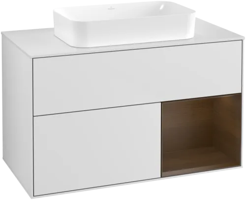 VILLEROY BOCH Toaletní skříňka Finion, s osvětlením, 2 výsuvy, 1000 x 603 x 501 mm, bílý matný lak / ořechová dýha / sklo bílé matné #F661GNMT