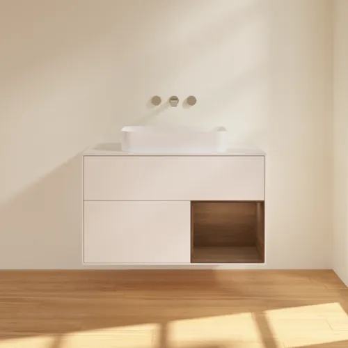 VILLEROY BOCH Toaletní skříňka Finion, s osvětlením, 2 výsuvy, 1000 x 603 x 501 mm, bílý matný lak / ořechová dýha / sklo bílé matné #F661GNMT, obrázek 3