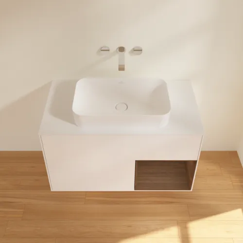 VILLEROY BOCH Toaletní skříňka Finion, s osvětlením, 2 výsuvy, 1000 x 603 x 501 mm, bílý matný lak / ořechová dýha / sklo bílé matné #F661GNMT, obrázek 4