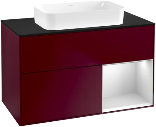 VILLEROY BOCH Toaletní skříňka Finion, s osvětlením, 2 výsuvy, 1000 x 603 x 501 mm, Pivoňka matný lak / Bílý matný lak / Sklo černé matné #F662MTHB