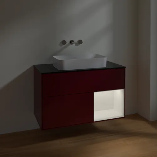 VILLEROY BOCH Toaletní skříňka Finion, s osvětlením, 2 výsuvy, 1000 x 603 x 501 mm, Pivoňka matný lak / Bílý matný lak / Sklo černé matné #F662MTHB, obrázek 3