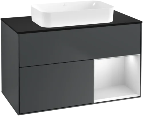 VILLEROY BOCH Toaletní skříňka Finion, s osvětlením, 2 výsuvy, 1000 x 603 x 501 mm, Midnight Blue Matt Lacquer / White Matt Lacquer / Glass Black Matt #F662MTHG