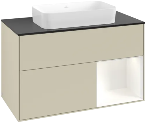 VILLEROY BOCH Toaletní skříňka Finion, s osvětlením, 2 výsuvy, 1000 x 603 x 501 mm, hedvábně šedý matný lak / bílý matný lak / černé matné sklo #F662MTHJ