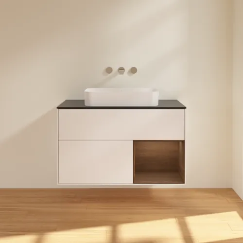 VILLEROY BOCH Toaletní skříňka Finion, s osvětlením, 2 výsuvy, 1000 x 603 x 501 mm, bílý matný lak / ořechová dýha / černé matné sklo #F662GNMT, obrázek 3