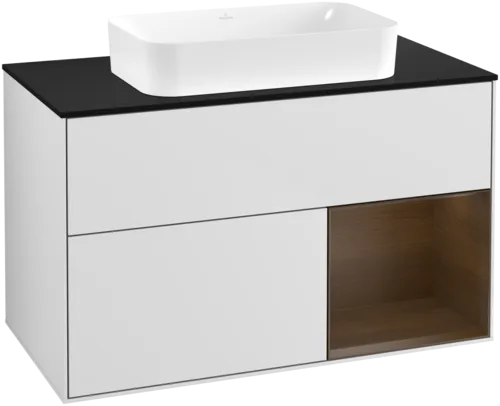 VILLEROY BOCH Toaletní skříňka Finion, s osvětlením, 2 výsuvy, 1000 x 603 x 501 mm, bílý matný lak / ořechová dýha / černé matné sklo #F662GNMT