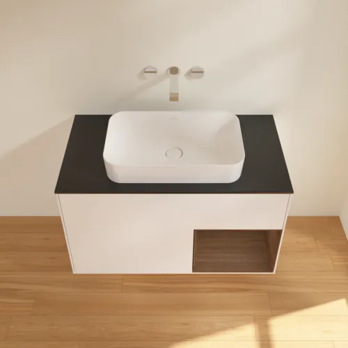VILLEROY BOCH Toaletní skříňka Finion, s osvětlením, 2 výsuvy, 1000 x 603 x 501 mm, bílý matný lak / ořechová dýha / černé matné sklo #F662GNMT, obrázek 4