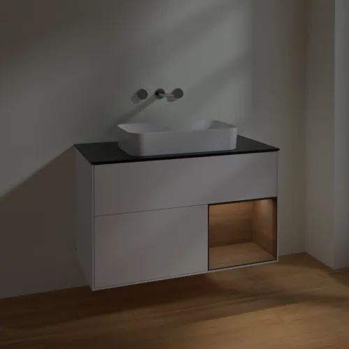 VILLEROY BOCH Toaletní skříňka Finion, s osvětlením, 2 výsuvy, 1000 x 603 x 501 mm, bílý matný lak / ořechová dýha / černé matné sklo #F662GNMT, obrázek 5