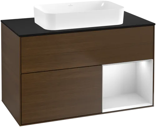 VILLEROY BOCH Toaletní skříňka Finion, s osvětlením, 2 výsuvy, 1000 x 603 x 501 mm, ořechová dýha / bílý matný lak / černé matné sklo #F662MTGN