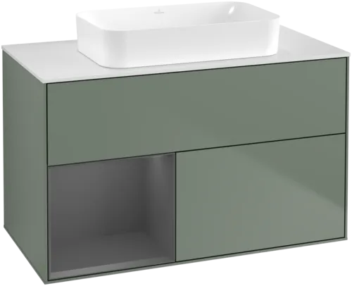 VILLEROY BOCH Toaletní skříňka Finion, s osvětlením, 2 výsuvy, 1000 x 603 x 501 mm, olivový matný lak / antracitový matný lak / bílé matné sklo #F651GKGM