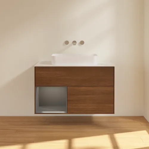 VILLEROY BOCH Toaletní skříňka Finion, s osvětlením, 2 výsuvy, 1000 x 603 x 501 mm, ořechová dýha / antracitový matný lak / bílé matné sklo #F651GKGN, obrázek 3
