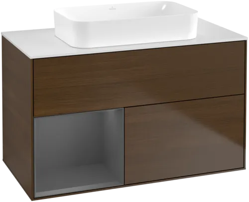 VILLEROY BOCH Toaletní skříňka Finion, s osvětlením, 2 výsuvy, 1000 x 603 x 501 mm, ořechová dýha / antracitový matný lak / bílé matné sklo #F651GKGN
