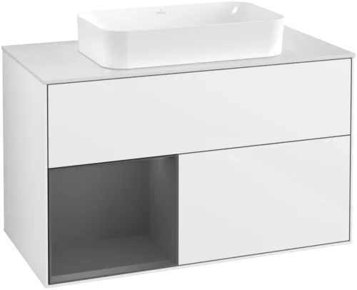 VILLEROY BOCH Umyvadlová skříňka Finion, s osvětlením, 2 výsuvy, 1000 x 603 x 501 mm, lesklý bílý lak / antracitový matný lak / bílé matné sklo #F651GKGF
