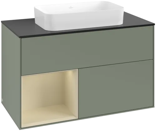 VILLEROY BOCH Toaletní skříňka Finion, s osvětlením, 2 výsuvy, 1000 x 603 x 501 mm, olivový matný lak / hedvábně šedý matný lak / černé matné sklo #F652HJGM