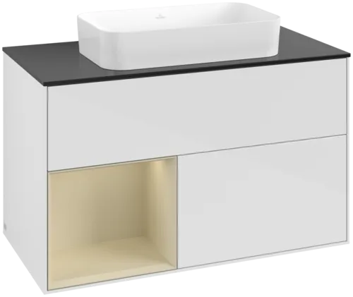 VILLEROY BOCH Toaletní skříňka Finion, s osvětlením, 2 výsuvy, 1000 x 603 x 501 mm, lesklý bílý lak / hedvábně šedý matný lak / černé matné sklo #F652HJGF