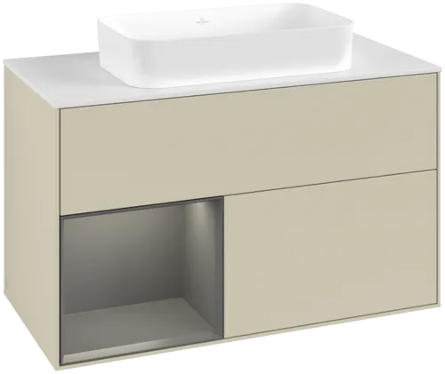 VILLEROY BOCH Toaletní skříňka Finion, s osvětlením, 2 výsuvy, 1000 x 603 x 501 mm, hedvábně šedý matný lak / antracitový matný lak / bílé matné sklo #F651GKHJ