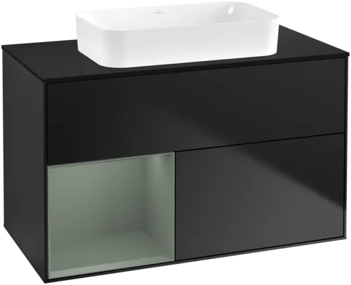 VILLEROY BOCH Toaletní skříňka Finion, s osvětlením, 2 výsuvy, 1000 x 603 x 501 mm, černý matný lak / olivový matný lak / černé matné sklo #F652GMPD