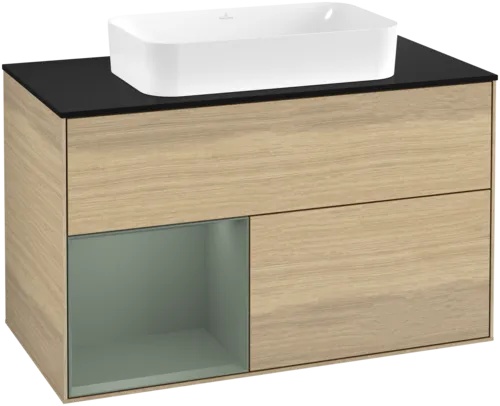 VILLEROY BOCH Toaletní skříňka Finion, s osvětlením, 2 výsuvy, 1000 x 603 x 501 mm, dubová dýha / olivově matný lak / sklo černé matné #F652GMPC